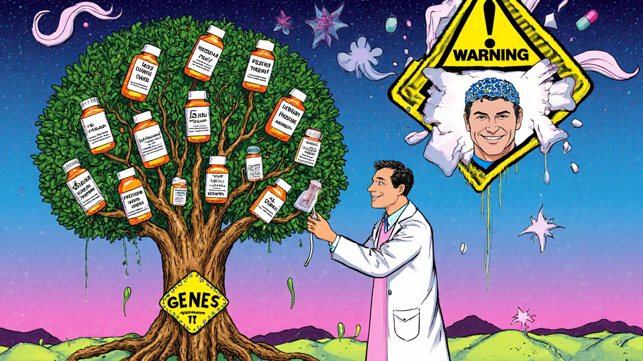 A doctor holding a cheek swab that grows into a tree of prescription bottles rooted in a patient's chest.