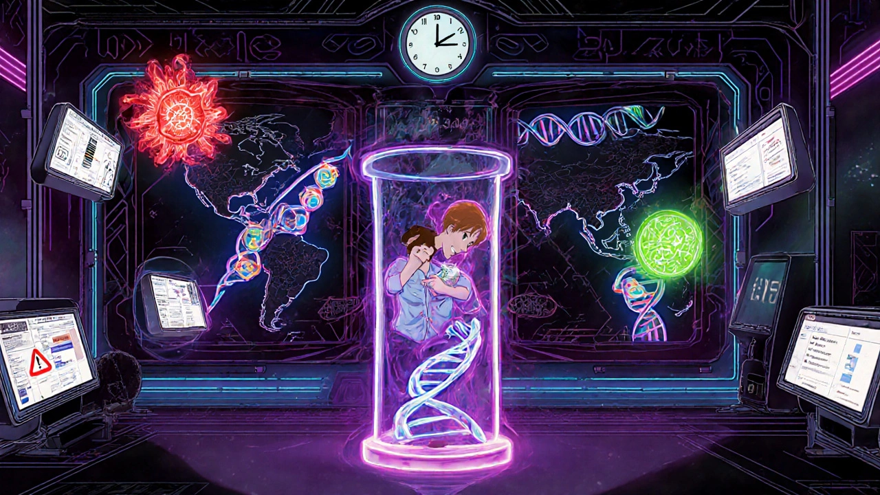 A person spitting into a tube that becomes a glowing gene map with drugs being filtered through DNA.