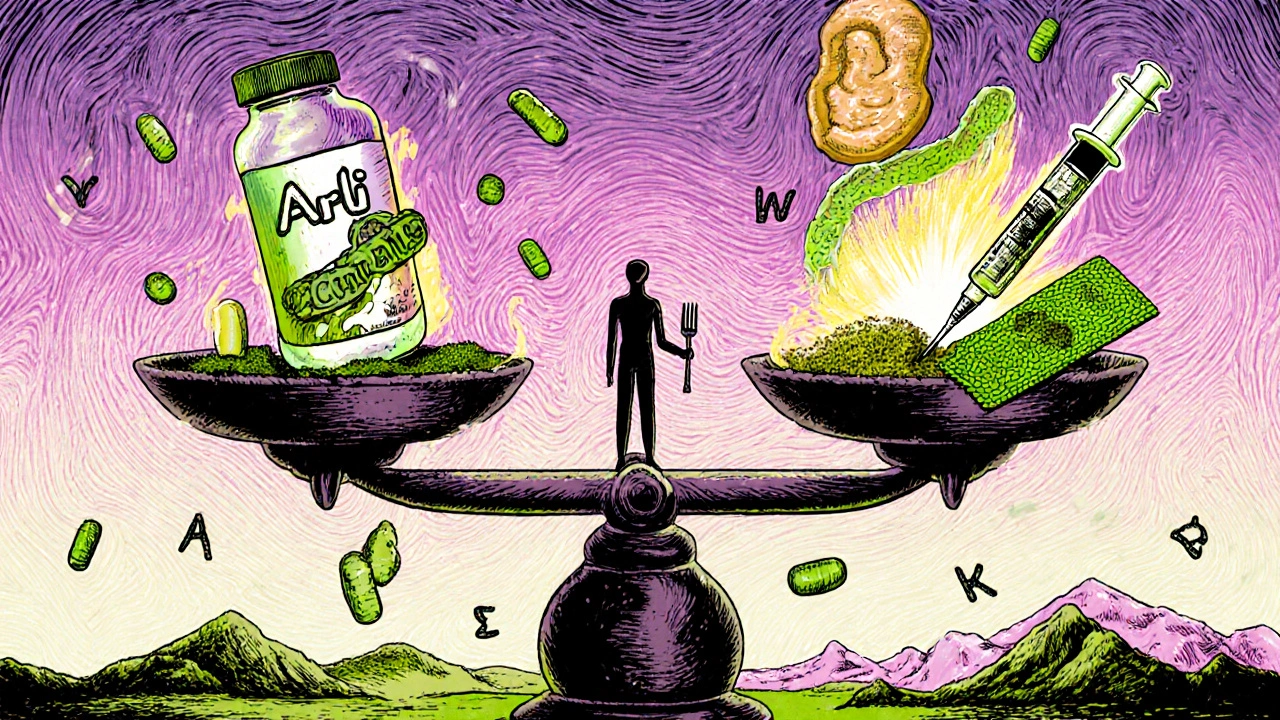 A scale balancing Alli and Wegovy, herbal supplements crumbling, person holding fork and yoga mat.