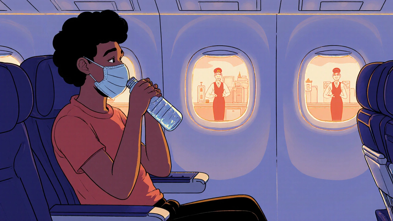 Airplane passenger wearing HEPA mask, drinking water, seated away from galley.