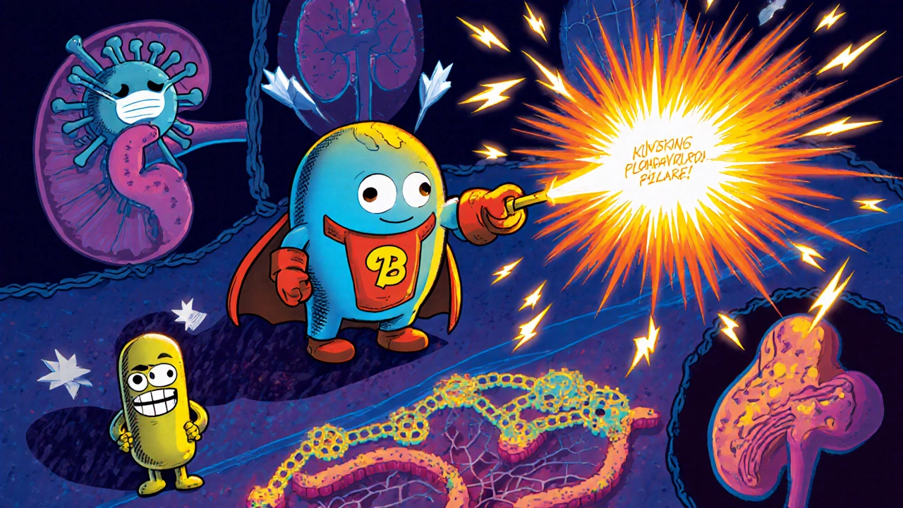 Cartoon B‑cell fires auto‑antibody arrows as virus and bacteria release cytokine fireworks.