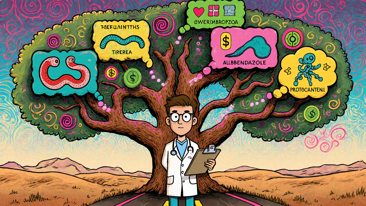 Cartoon doctor at a branching road sign, choosing between different antiparasitic drugs.
