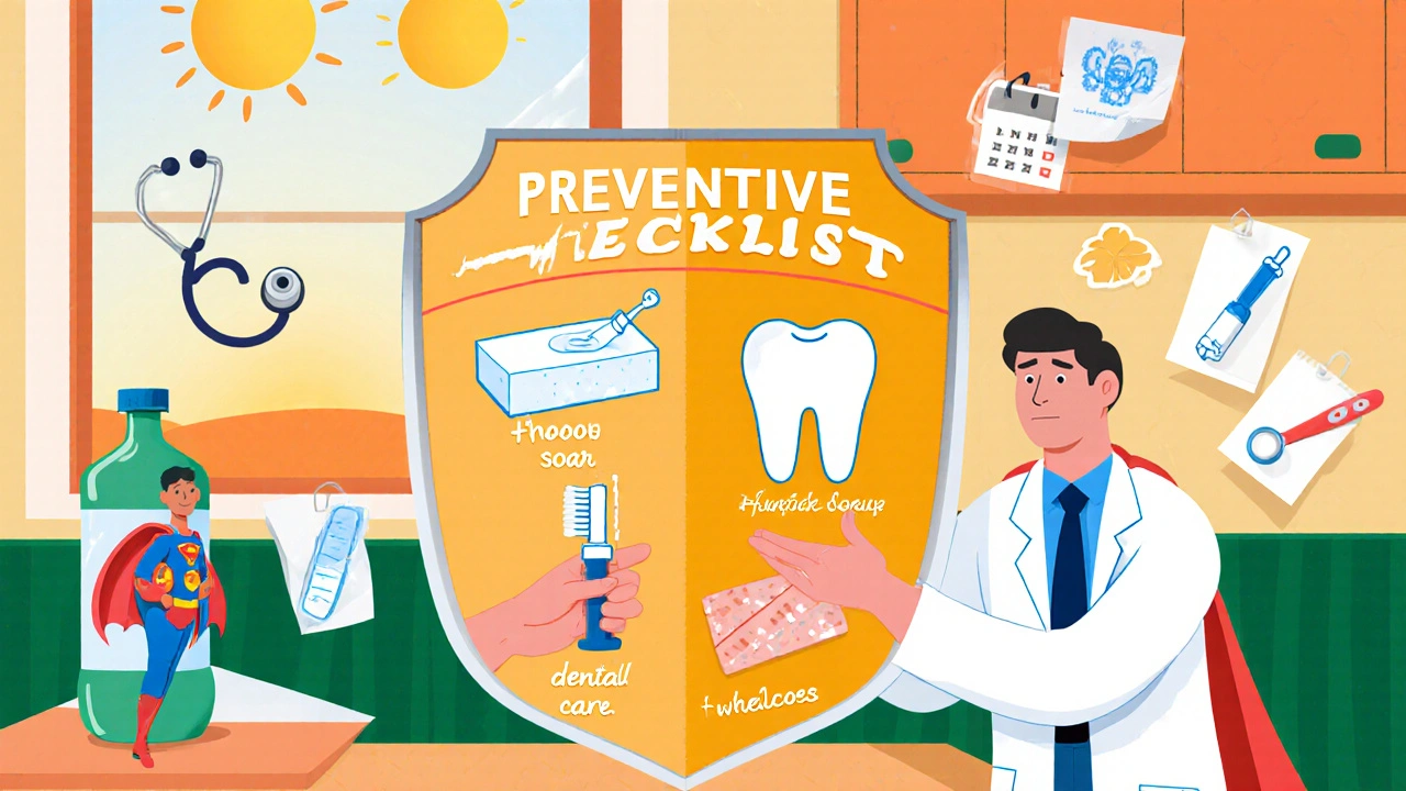 Cartoon doctor presents vaccine shield, soap, toothbrush, and bandage as a prevention checklist.