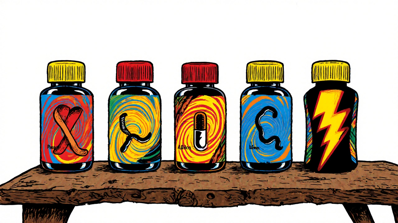 Cartoon line-up of six pill bottles, each next to a silhouette of its target parasite.