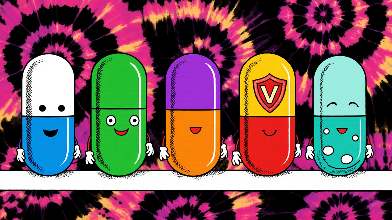 Cartoon lineup of hypertension pills as characters on a psychedelic pharmacy shelf.