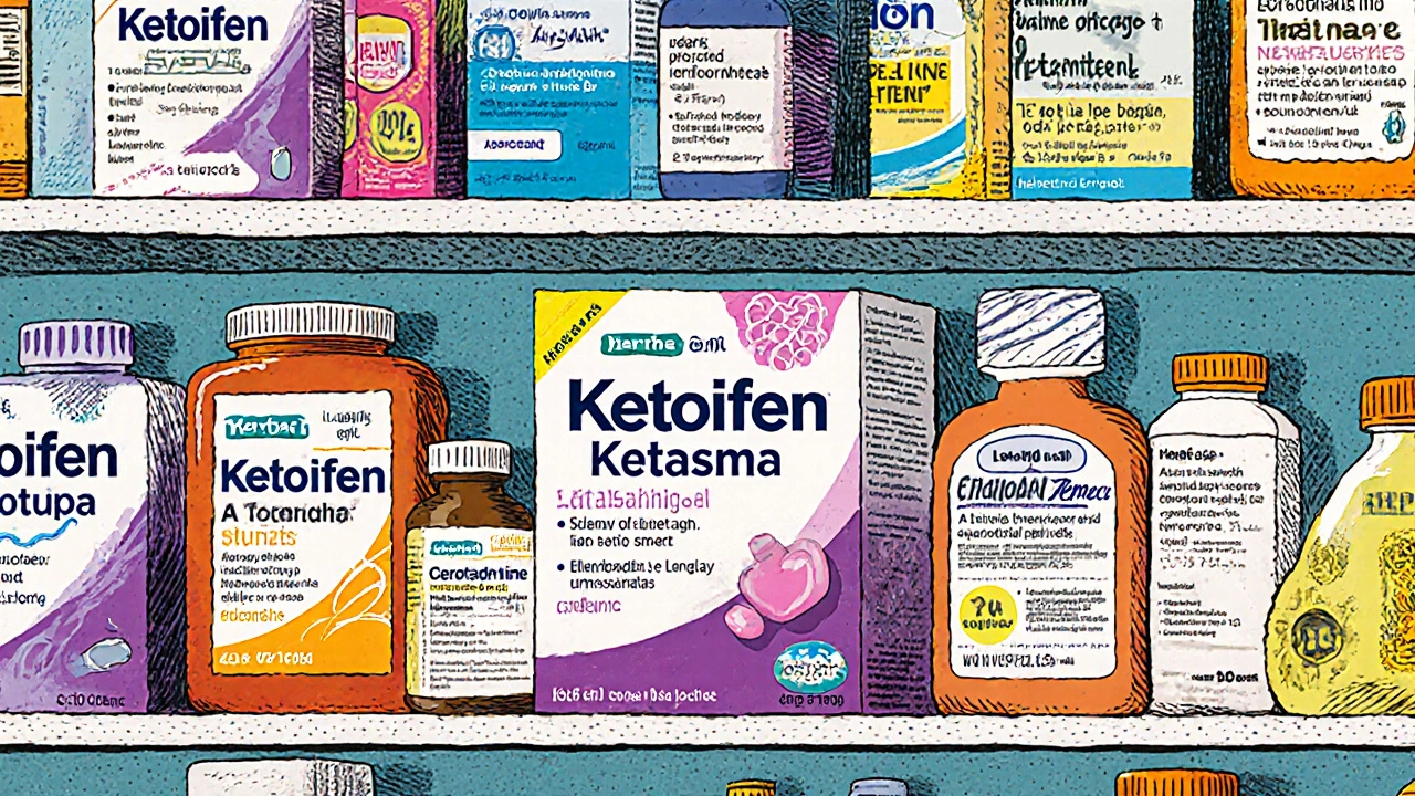 Cartoon of a pharmacy shelf emphasizing Ketotifen among other allergy pills.