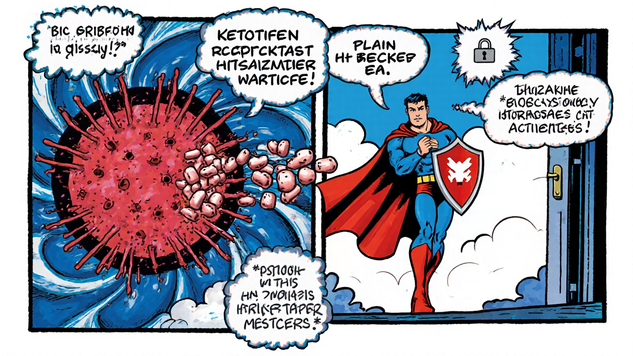 Cartoon panel showing Ketotifen stopping histamine release and blocking receptors.