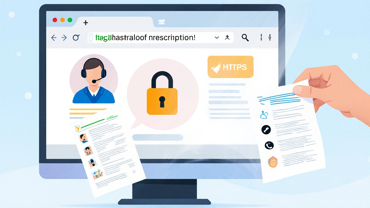 Close‑up of a web page showing HTTPS padlock, TGA number, and a pharmacist icon.