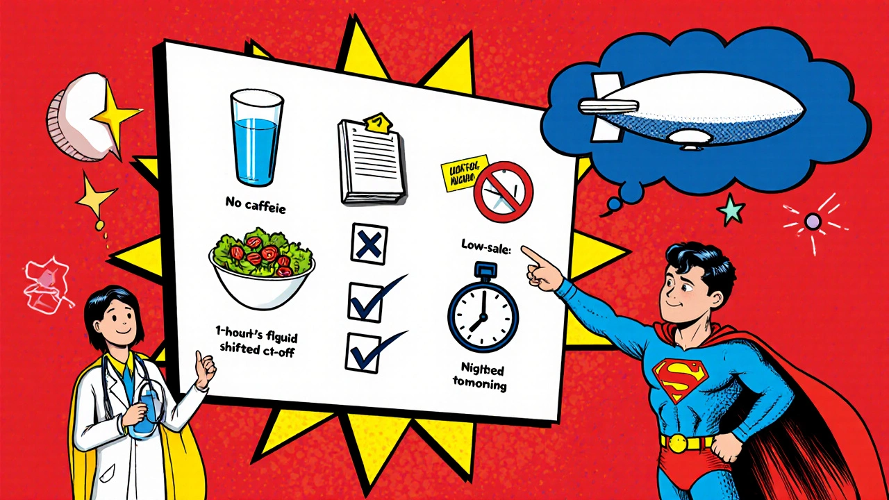 Comic panel of parent advising bedtime habits with water, low‑salt foods, diary, and doctor.