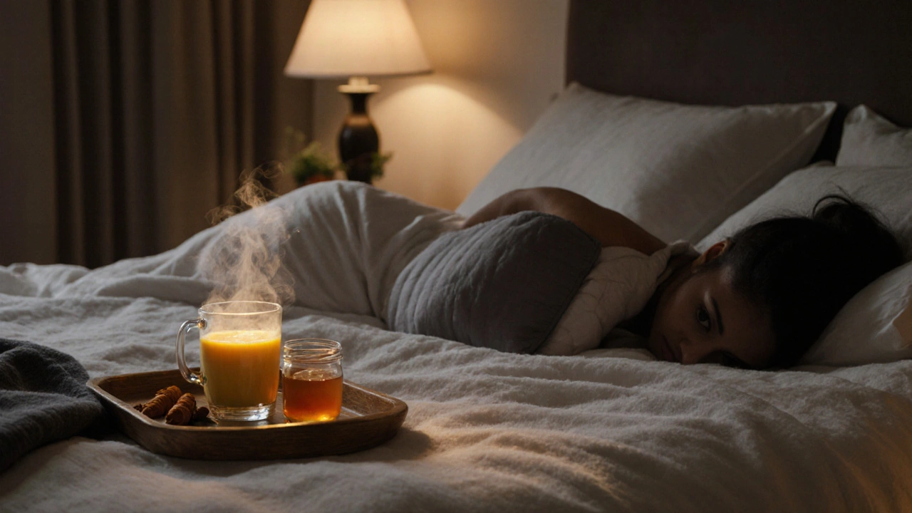 Cozy bedroom with person using a warm compress and a cup of turmeric milk on a bedside tray.