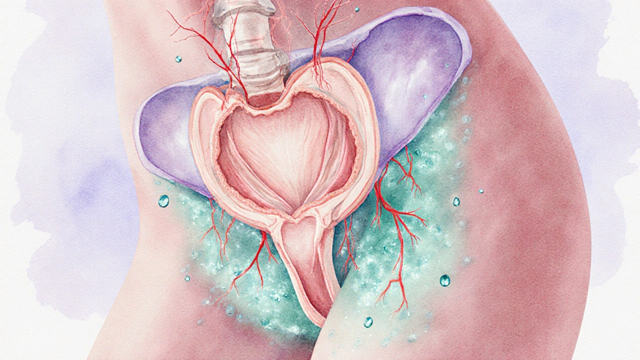 Cutaway pelvis showing bladder, vagina, acidic mist, and nerve fibers.