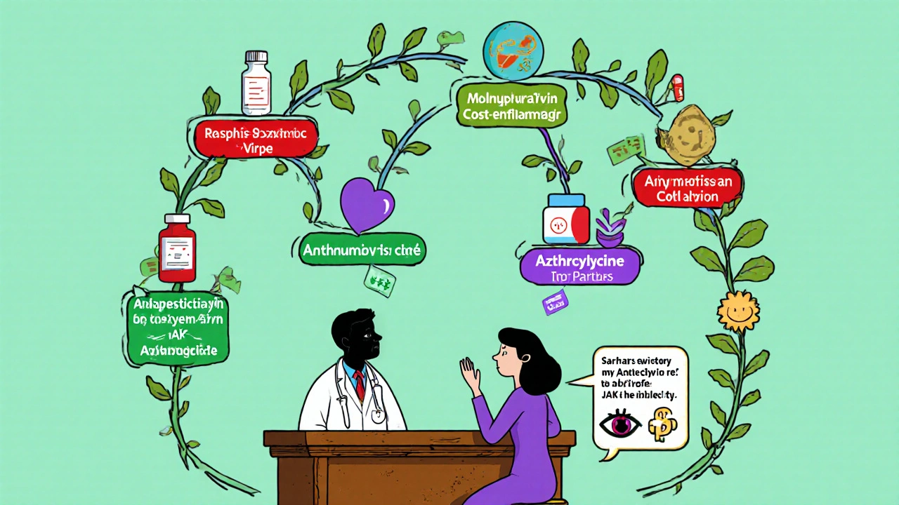 Decision tree with patient, doctor, and drug choices in psychedelic style.