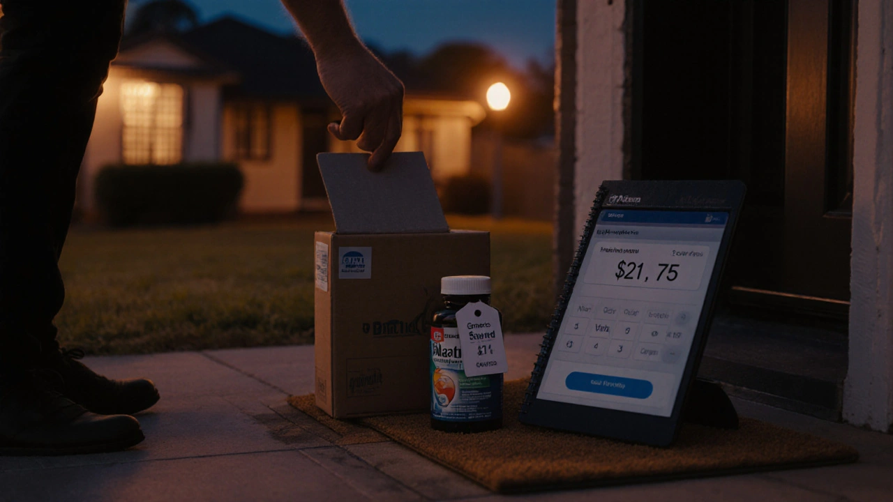 Delivery box on doorstep revealing a generic Bactrim bottle and discount note.