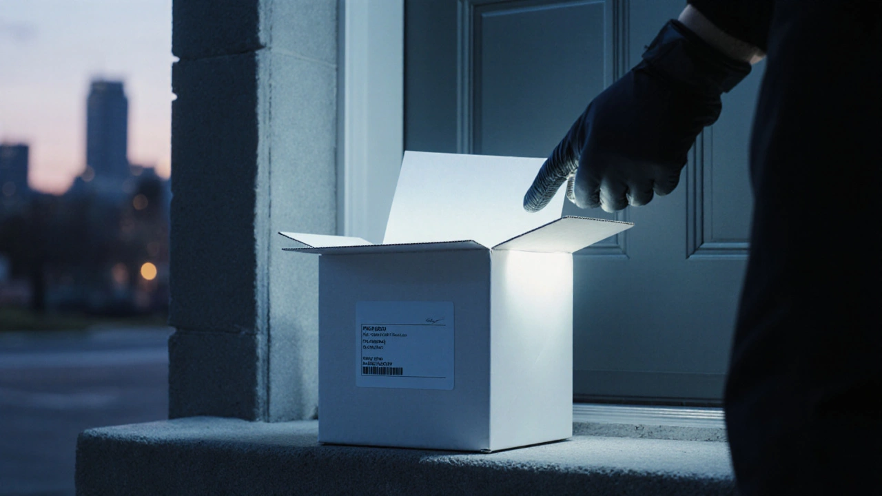 Discrete parcel on a doorstep at dusk, emphasizing private shipping.