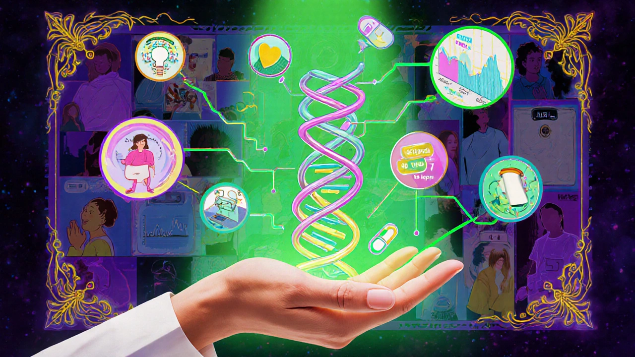 DNA helix with floating drug icons and biometric graphs illustrating personalized antidepressant selection.