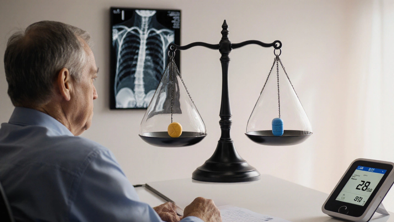 Doctor and patient discuss steroids while a floating scale balances two pills.