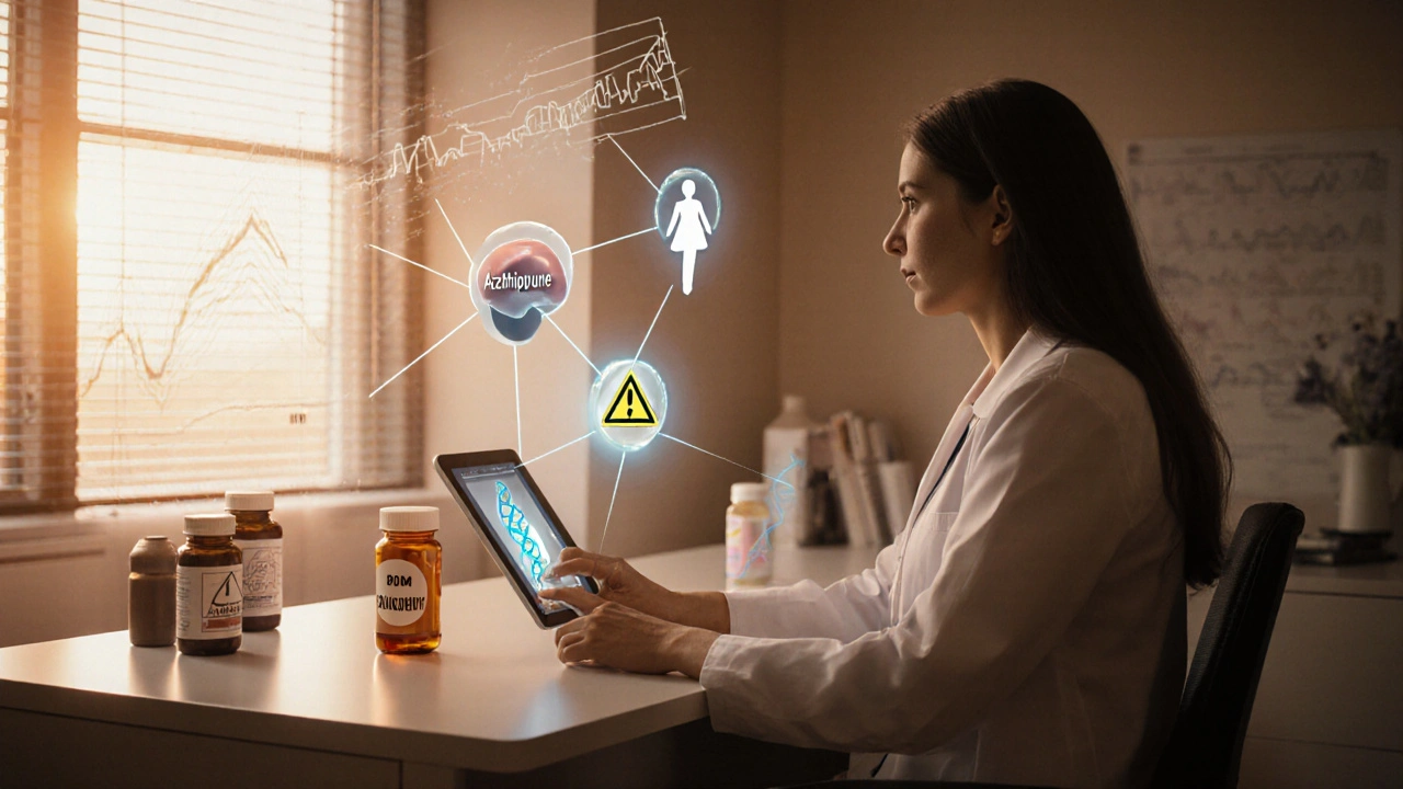 Doctor and patient discussing medication options with floating icons of transplant, pregnancy, and DNA.