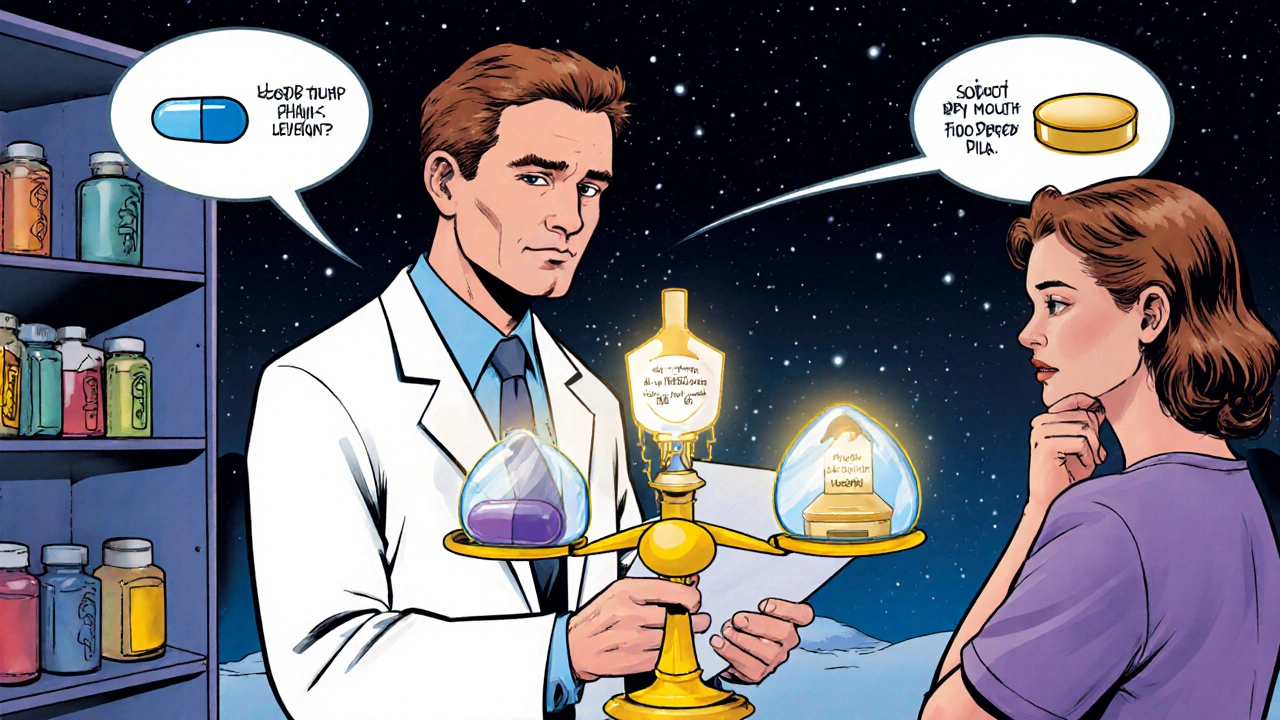 Doctor and patient weighing drug options on a bright scale with pill icons in comic style.