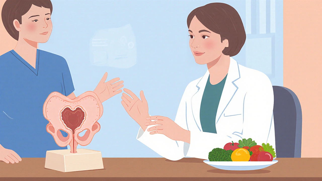 Doctor and therapist discussing pelvic health with model and healthy foods.