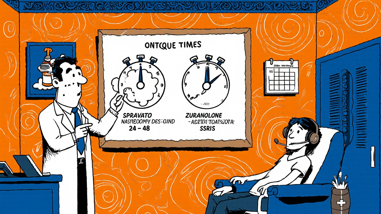 Doctor explaining rapid‑onset antidepressants with clock and monitoring patient in clinic.