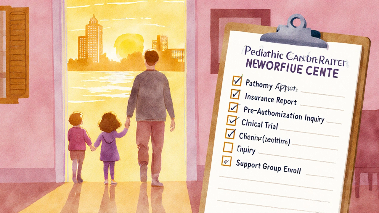 Family walking toward a cancer center with a checklist, sunrise background.