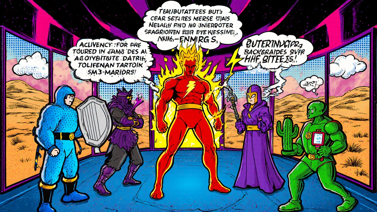 Five drug characters in a bladder arena showing their actions and side‑effects in pop‑art style.
