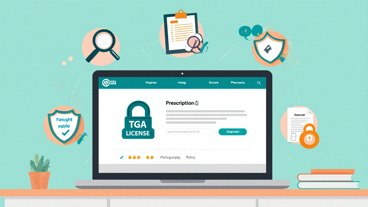 Flat illustration of online pharmacy checklist with TGA badge and secure icons.
