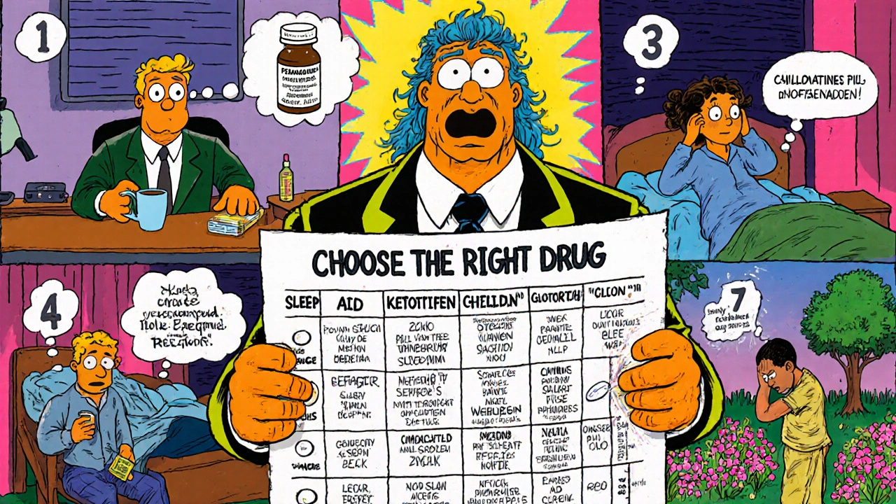 Four everyday scenarios with a person selecting different allergy meds in a retro cartoon.