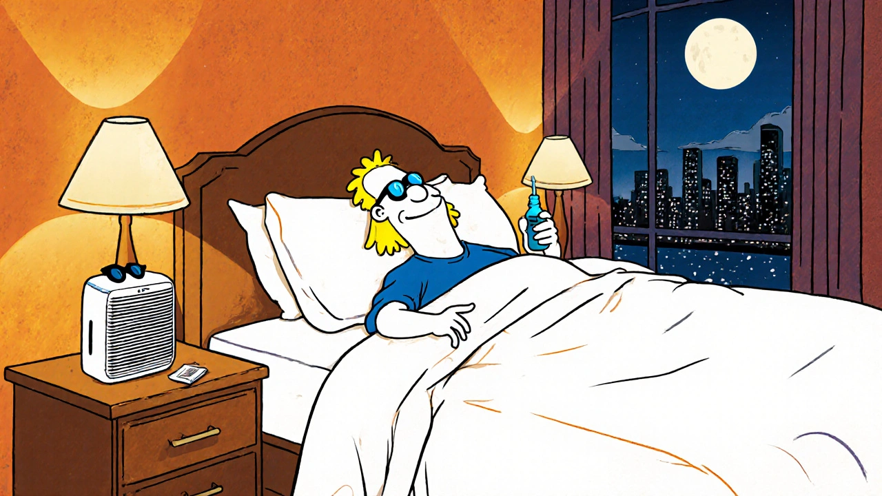 Hotel room with hypoallergenic bedding, air purifier, traveler using eye drops.