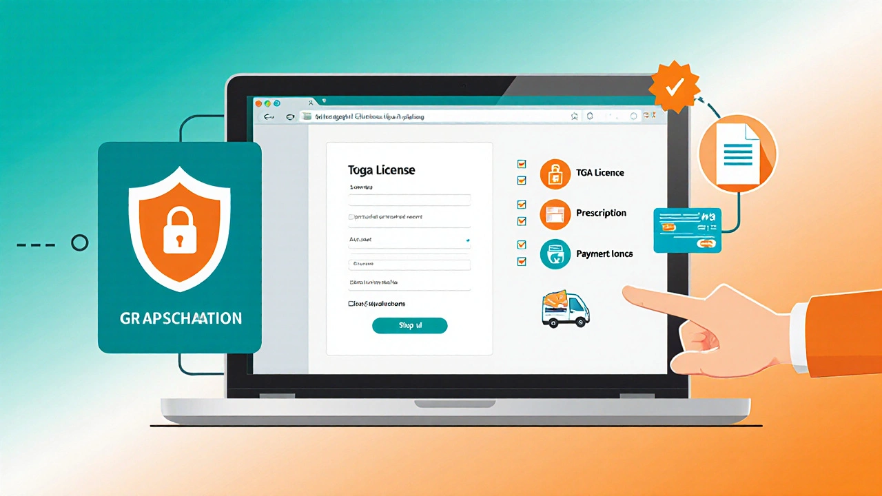 Illustration of online ordering steps with laptop, lock icon, and delivery van.