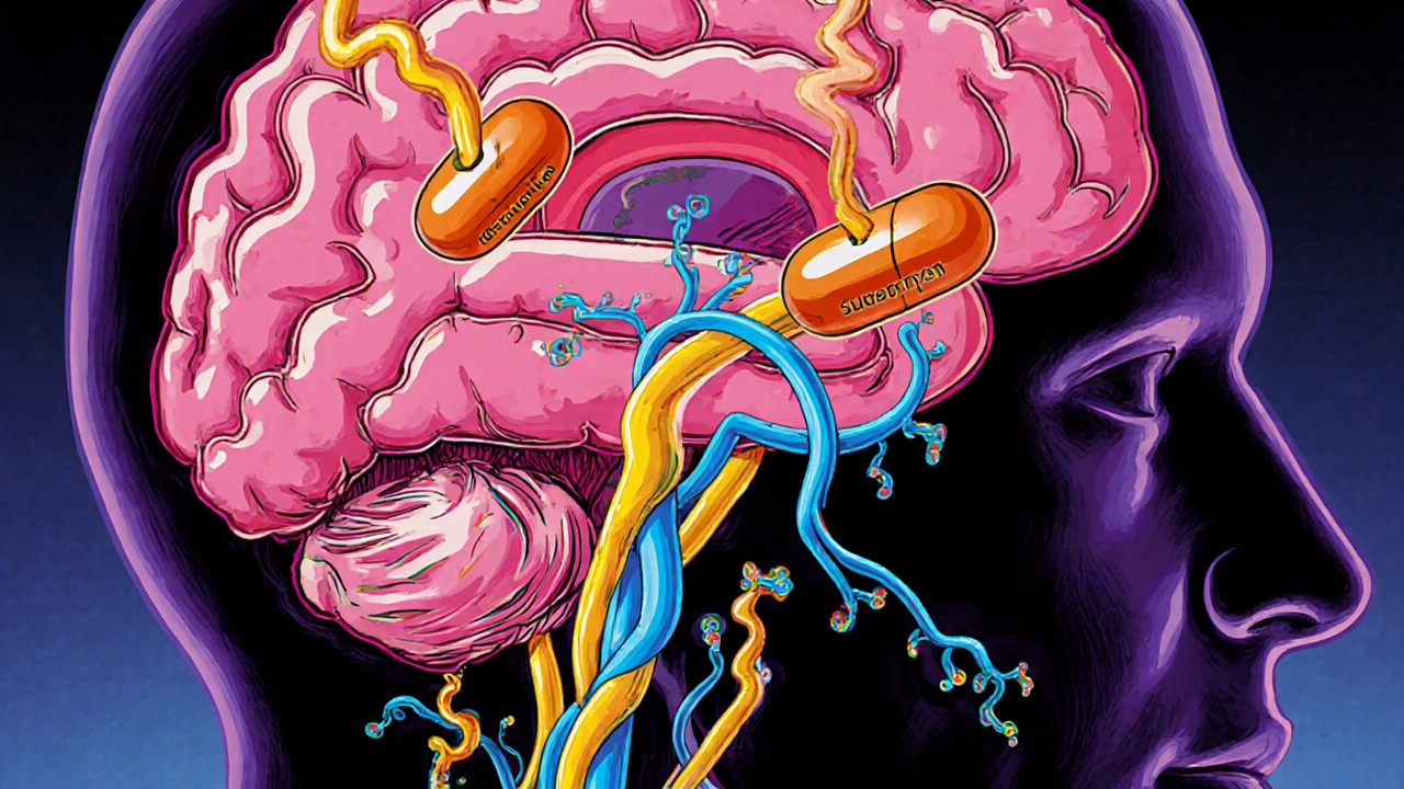 Inside view of brain showing sumatriptan binding to serotonin receptors and constricting vessels.