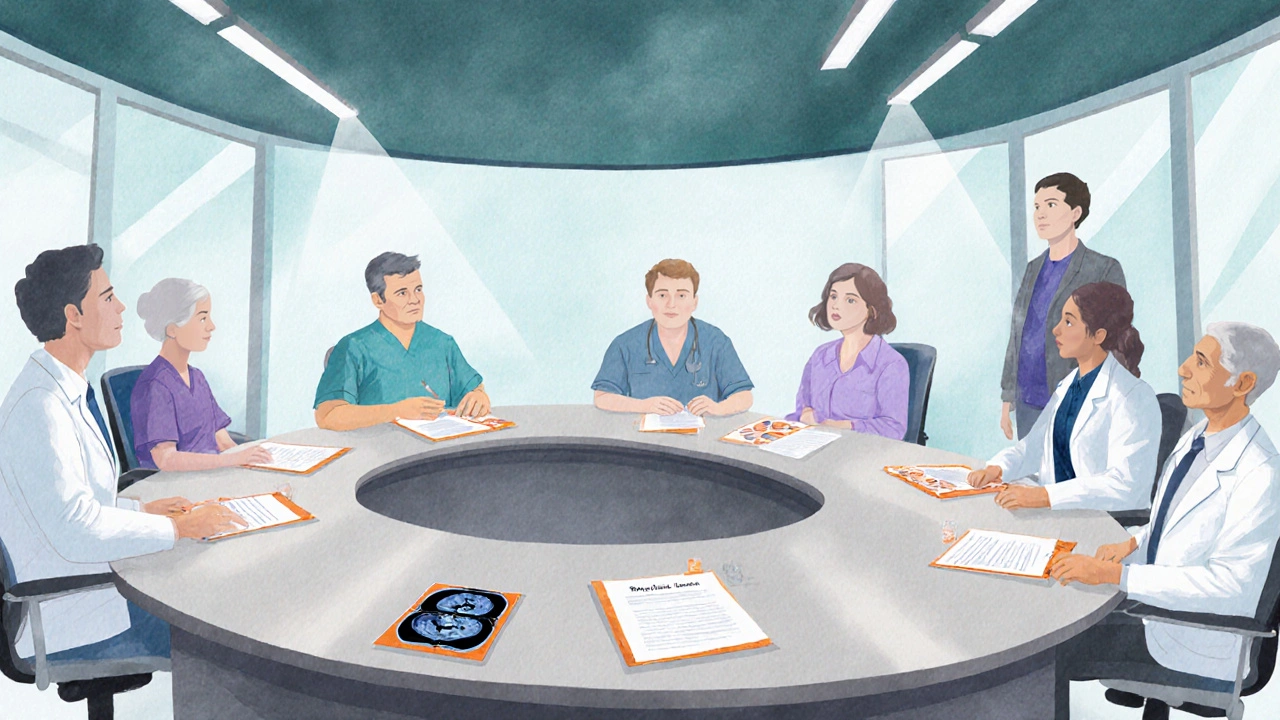 Multidisciplinary team reviewing scans and treatment plan around a conference table.