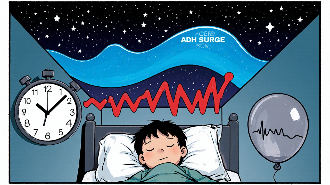 Nighttime bedroom scene showing hormone wave, stress, and sleep apnea affecting a child.
