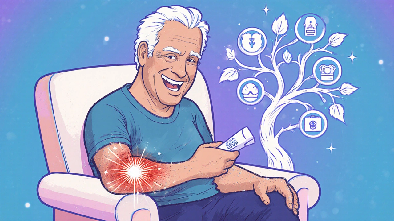 Patient applying cream, skin looks soothed; psychedelic background.