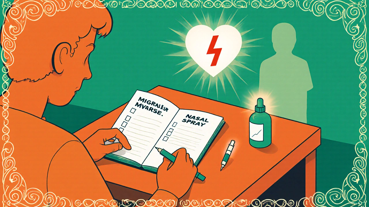 Patient using a migraine diary with nasal spray and injection beside a heart symbol.