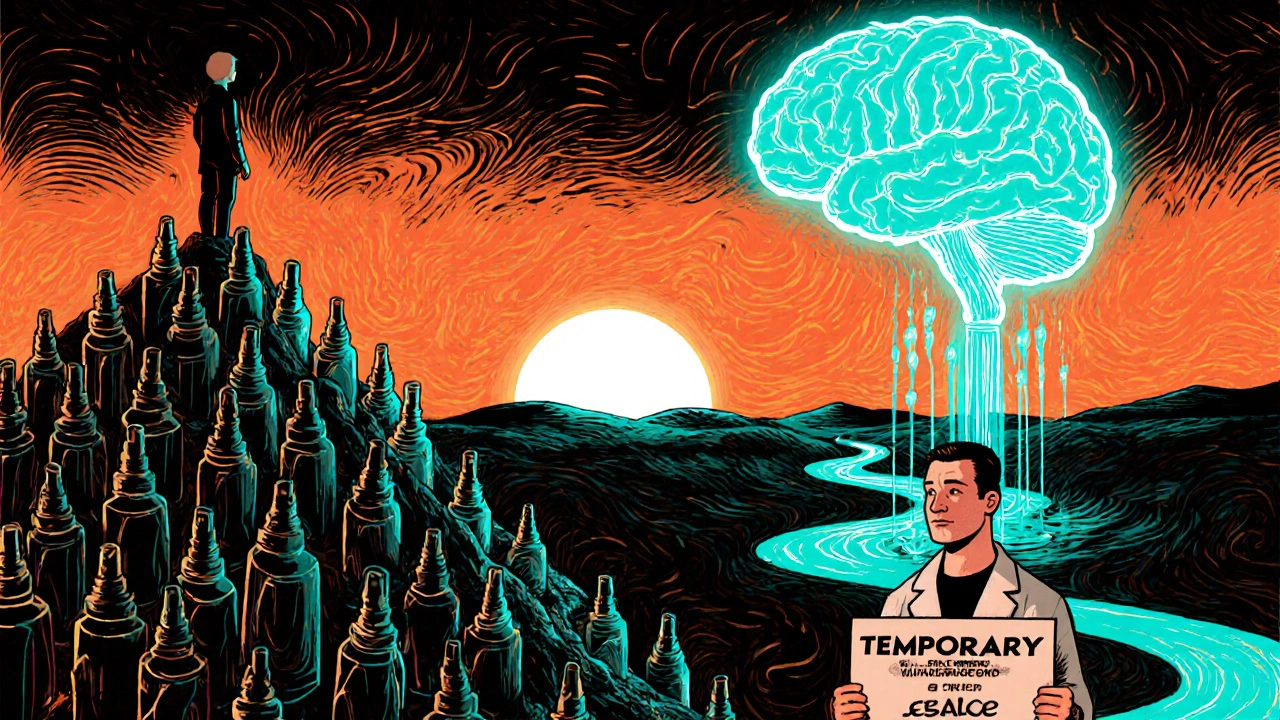 Person on a mountain of empty spray bottles, looking at a glowing brain lit by a clean saline stream flowing upward.