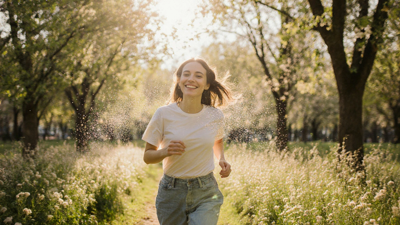 Person running outdoors as pollen particles fade, depicting lasting allergy relief.