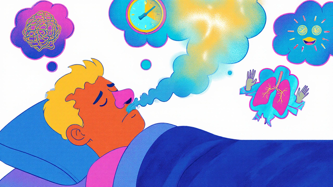 Person sleeping with clogged nose, thought bubbles turning from chaotic to clear as nasal spray mist cleans the air.