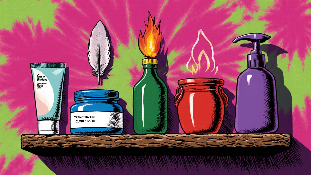 Row of cartoon steroid cream jars showing potency with visual symbols.