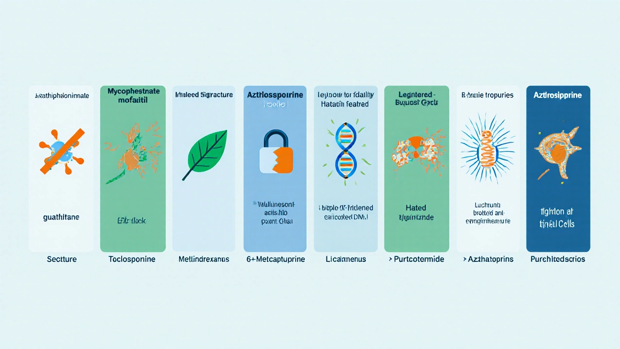 Row of eight stylized panels each showing a different drug&#039;s mechanism of action.