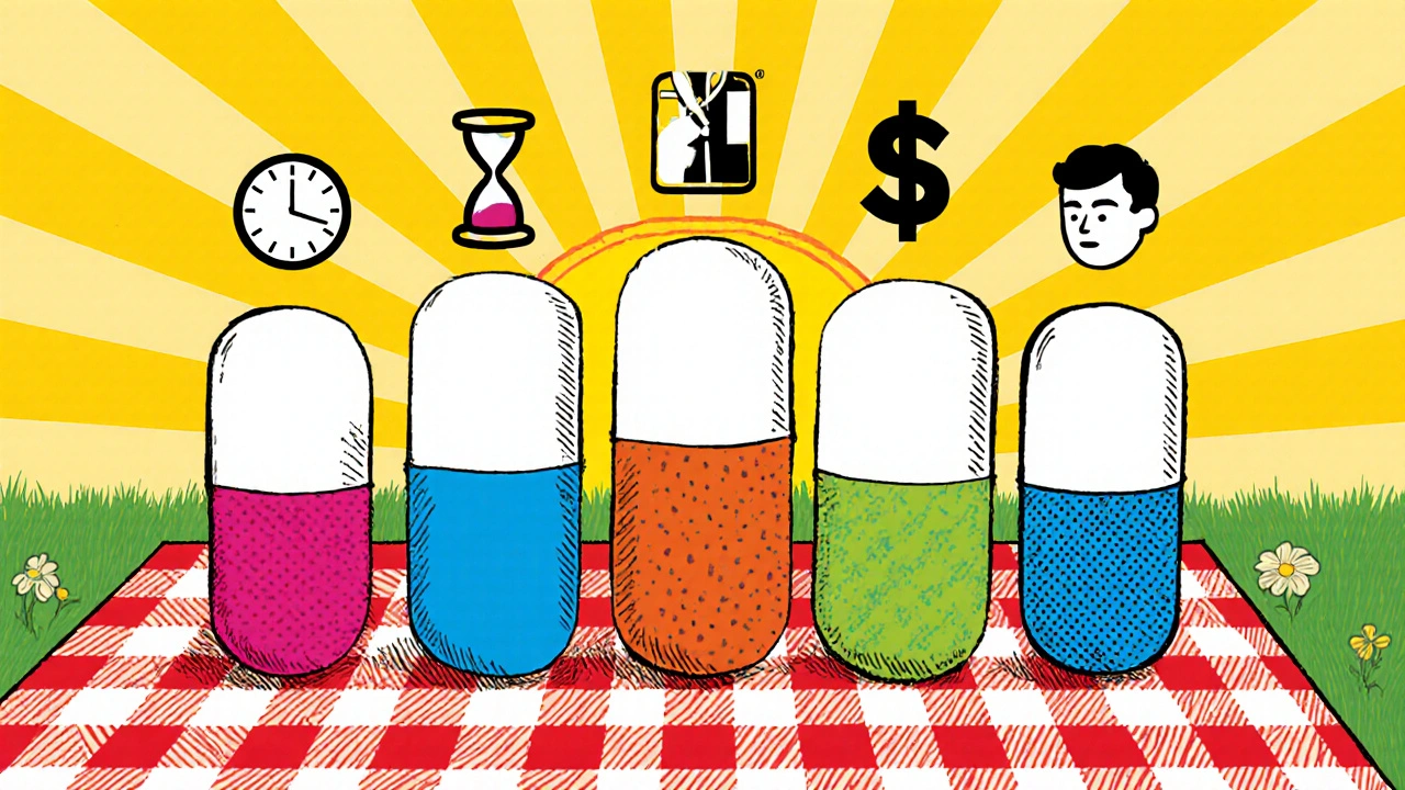 Row of pill tablets with icons showing onset, duration, cost, and side effects.