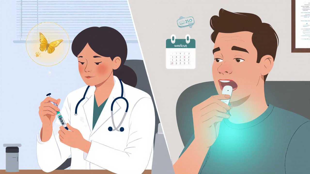 Split illustration showing clinic injection on left and home tablet under tongue on right.