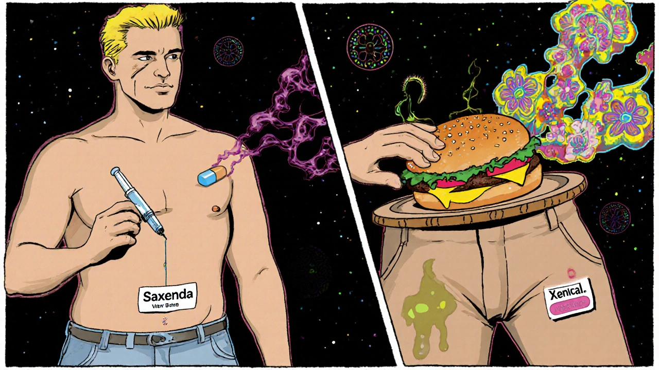 Two people: one injecting Saxenda, another taking Xenical with greasy stains blooming like flowers.