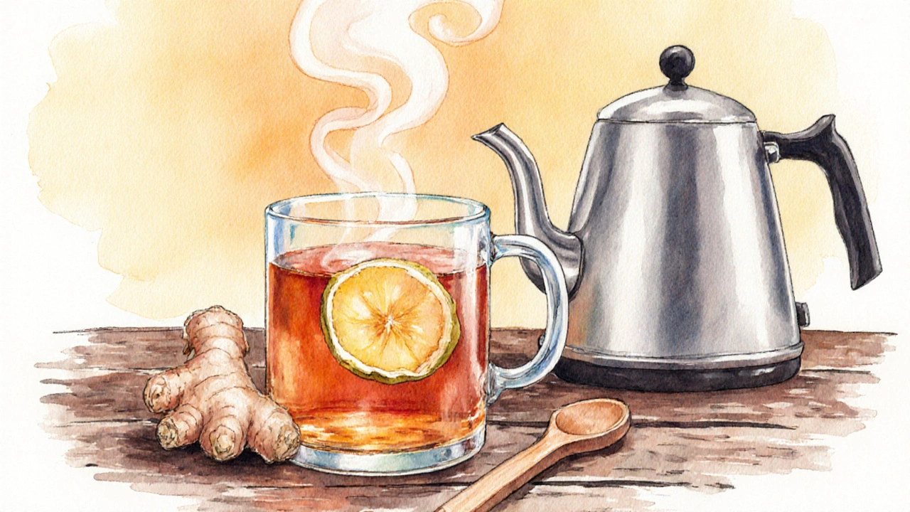 Watercolor of ginger tea in a mug with steam, ginger slice, kettle and spoon on a rustic surface.