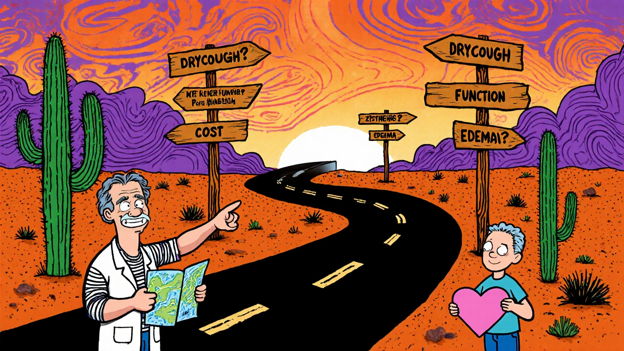 Whimsical road with signposts and a doctor guiding a patient through medication choices.