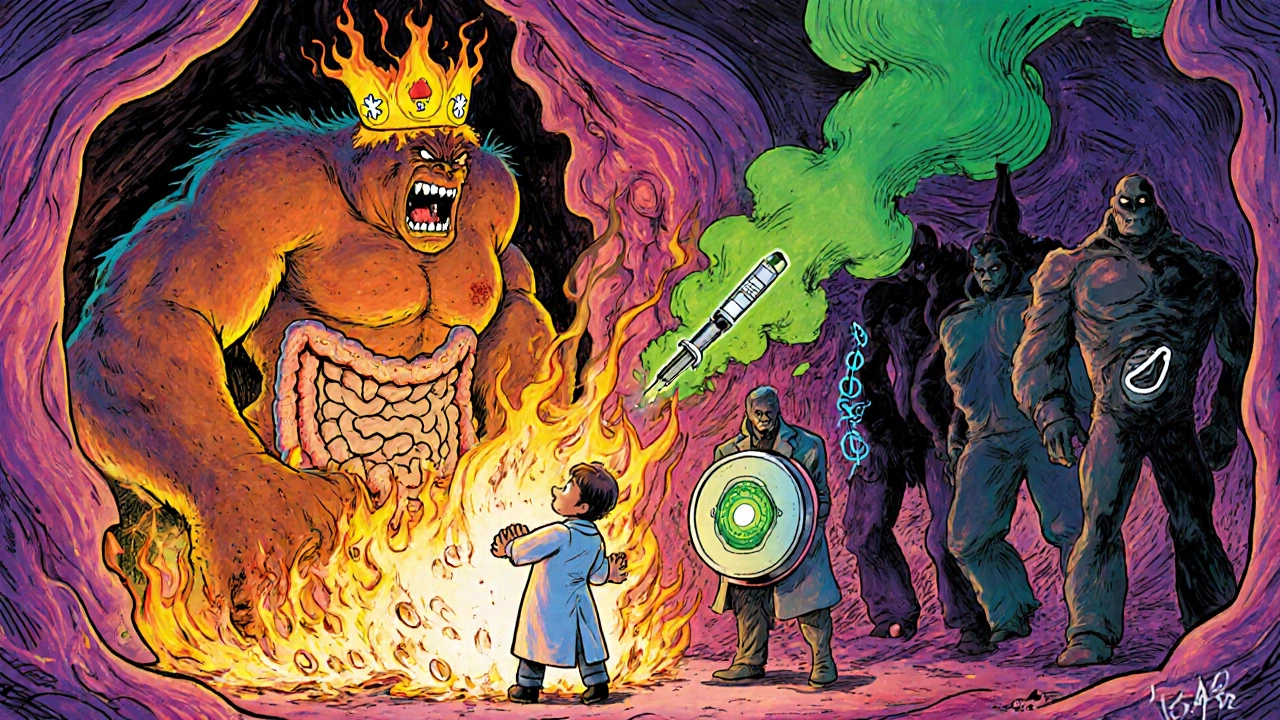 A battle inside the gut: steroid monster vs. mesalamine hero with a smoke detector shield.