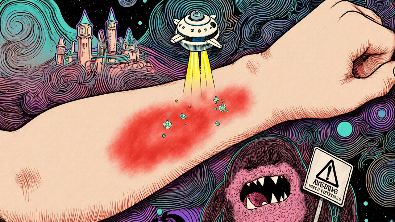 A child's infected skin as a surreal battlefield where a lincomycin spaceship fights MRSA bacteria, with C. diff lurking below.