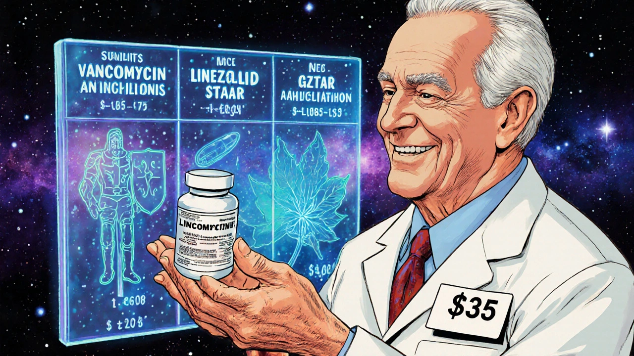 A doctor handing a patient a cheap lincomycin pill bottle in a rural clinic, with surreal antibiotic comparison imagery in the background.