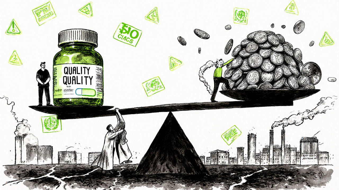 A fragile scale balancing a single pill against a mountain of pennies, with collapsing factories and warning symbols in the background.