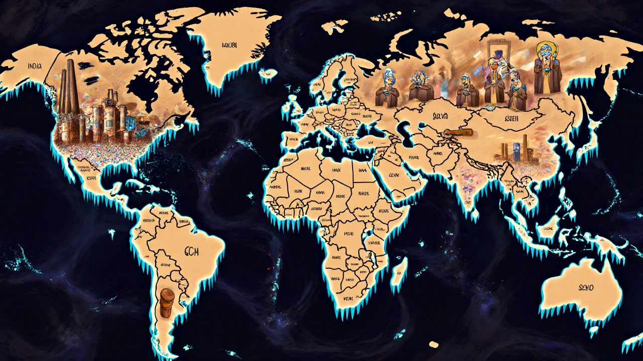 A global map showing India as a pill factory, China’s auction floor, and Europe’s patchwork pricing in psychedelic illustration.
